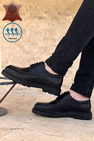 Siyah Timsah Bağcıklı Hakiki Deri Erkek Klasik Ayakkabı