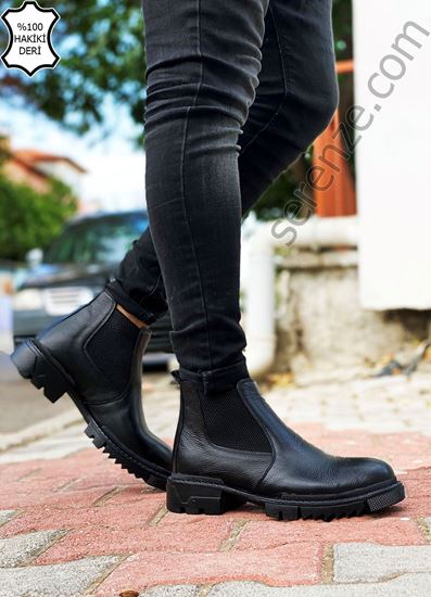Siyah Uzun Hakiki Deri Erkek Bot  -