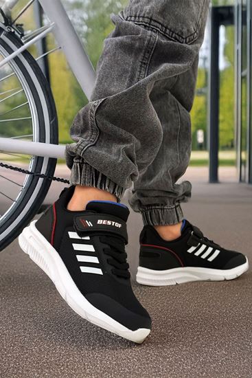 Siyah Beyaz Çizgili Ultra Hafif Çocuk Spor Ayakkabı