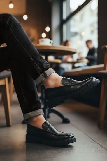 Siyah Bağcıksız Hakiki Deri Kalın Taban Erkek Klasik Ayakkabı