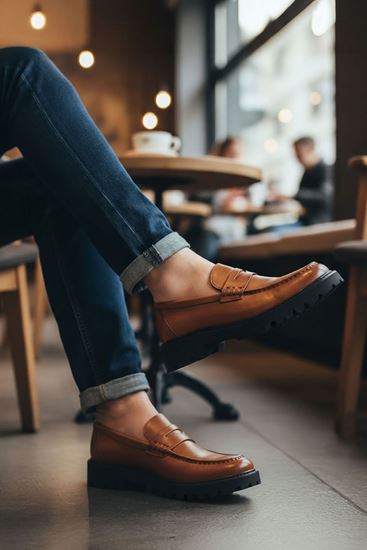 Taba Bağcıksız Hakiki Deri Kalın Taban Erkek Klasik Ayakkabı