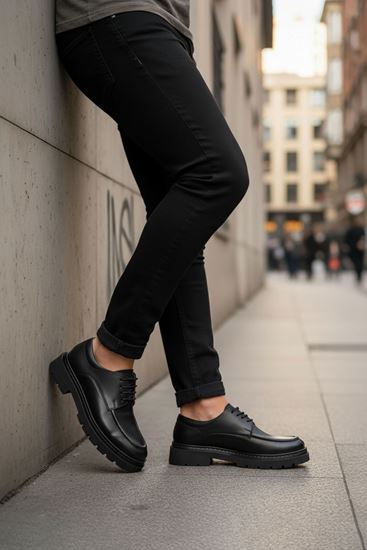 Siyah Bağcıklı Hakiki Deri Kalın Taban Erkek Klasik Ayakkabı