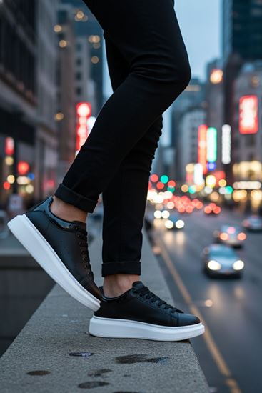 Siyah Beyaz Yüksek Taban Erkek Spor Ayakkabı