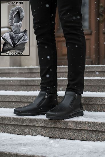 Siyah Çift Fermuarlı  İçi Kürklü Hakiki Deri Erkek Bot