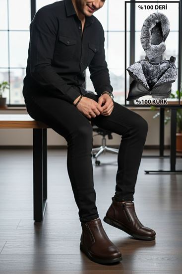 Kahve Çift Fermuarlı  İçi Kürklü Hakiki Deri Erkek Bot