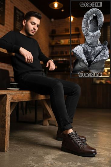 Kahve Fermuarlı  İçi Kürklü Hakiki Deri Erkek Bot