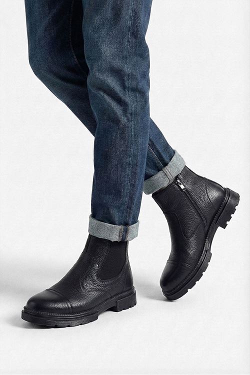 Siyah Hakiki Deri Lastik Detaylı Erkek Bot