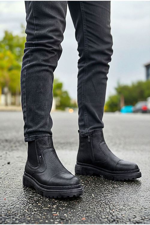 Siyah Hakiki Deri Kalın Taban Erkek Chelsea Bot