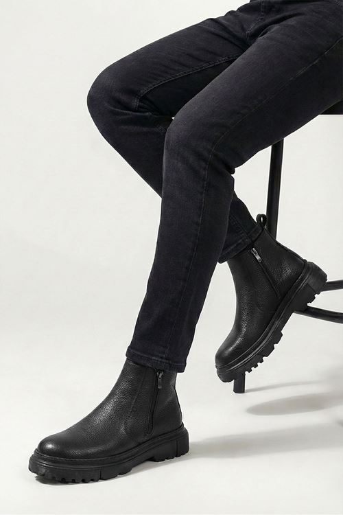 Siyah Hakiki Deri Çift Fermuar Bot