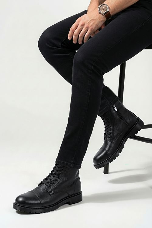 Siyah Hakiki Deri Fermuarlı Erkek Bot