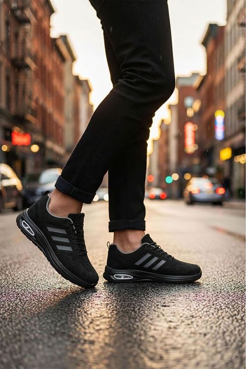 Siyah Çizgili Runblaze Hakiki Deri Spor Ayakkabı