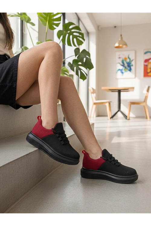 Siyah Kırmızı Yazlık Kadın Spor Triko Ayakkabı