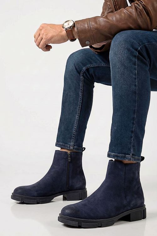 Lacivert Tracker Hakiki Deri Fermuarlı Chelsea Erkek Bot