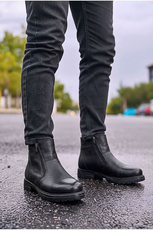 Siyah Beetle Hakiki Deri Fermuarlı Chelsea Erkek Bot