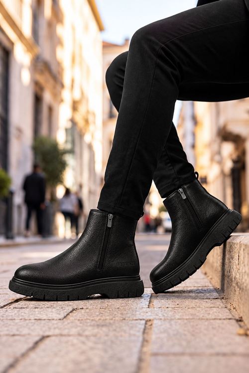Siyah Casual Cilt Hakiki Deri Çift Fermuarlı Erkek Bot 