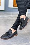 Siyah Mat Rugan Kare Desen Püsküllü Ortopedik Erkek Klasik Ayakkabı