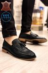 Siyah Hakiki Deri Retro Saraçlı Püsküllü Erkek Klasik Ayakkabı