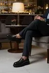 Siyah Bağcıksız Hakiki Deri Kalın Taban Erkek Klasik Ayakkabı